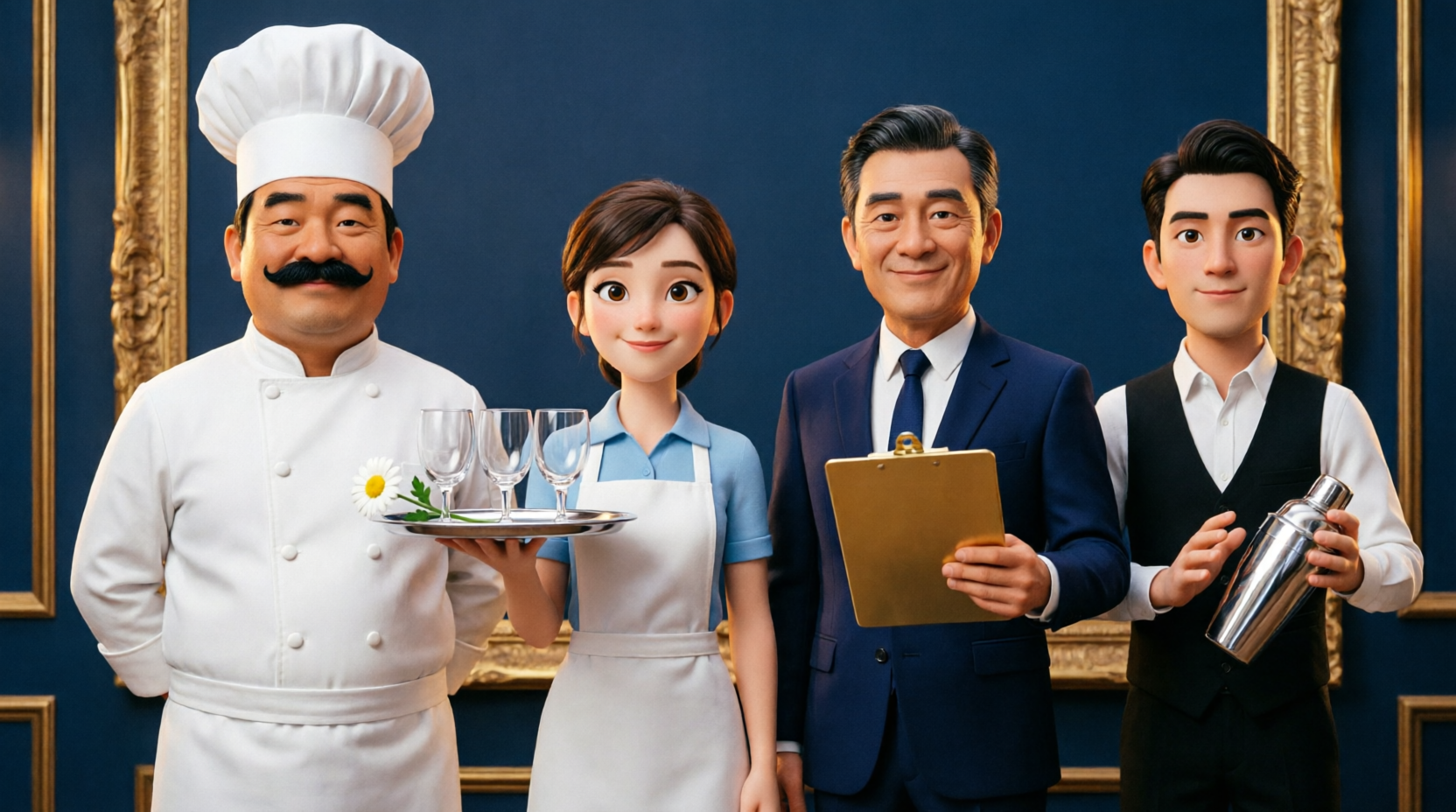 Equipo de restaurante: chef, mesera, gerente y bartender