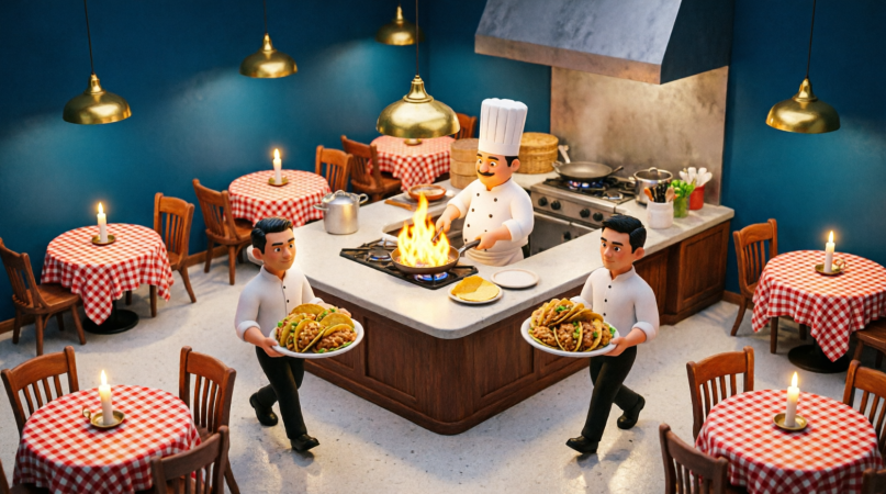 Restaurante con equipo trabajando